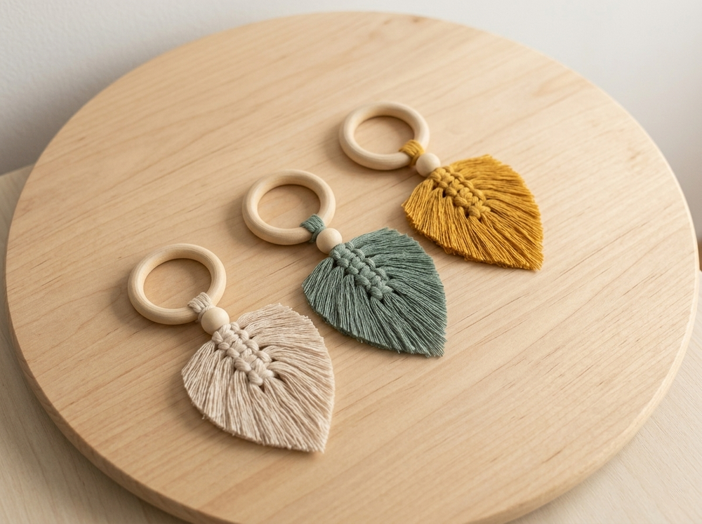 Macramé  katoentouw veren met houten ring en kralen