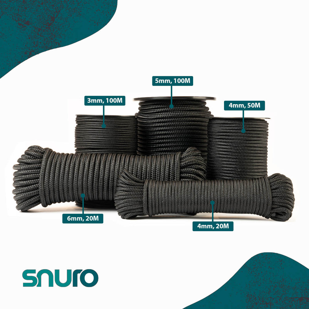 Groepsfoto gevlochten zwart polyamidetouw, extreem sterk en slijtvast nylontouw