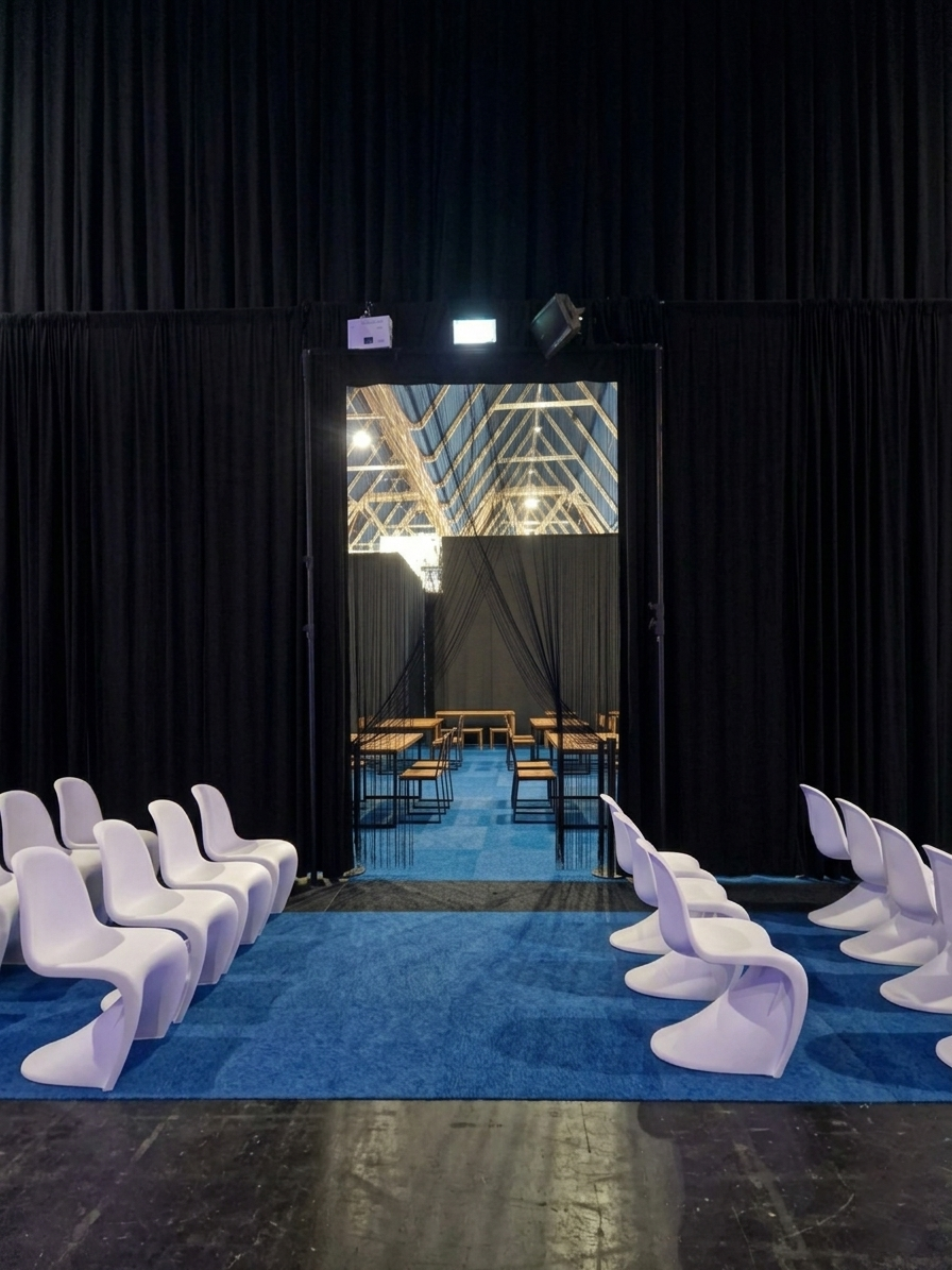 Touw gordijn bestaande uit zwart gevlochten nylontouw, toepassingsfoto waarbij polyamide touw dienst doet als afscheiding en doorgang tussen twee seminarie ruimtes