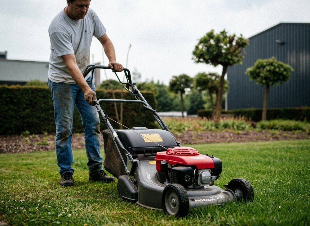 Toepassingsfoto grasmaaier met trekkoord in gevlochten en geïmpregneerd polyester als startkoord in grasmachine
