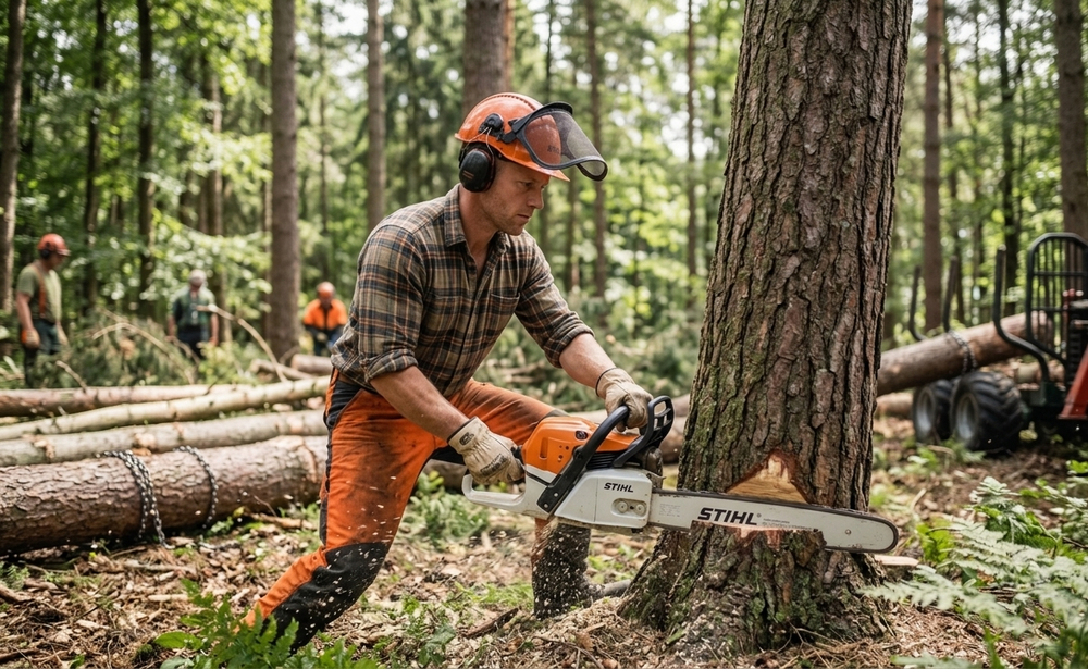 Toepassingsfoto kettingzaag met trekkoord in gevlochten en geïmpregneerd polyester als startkoord