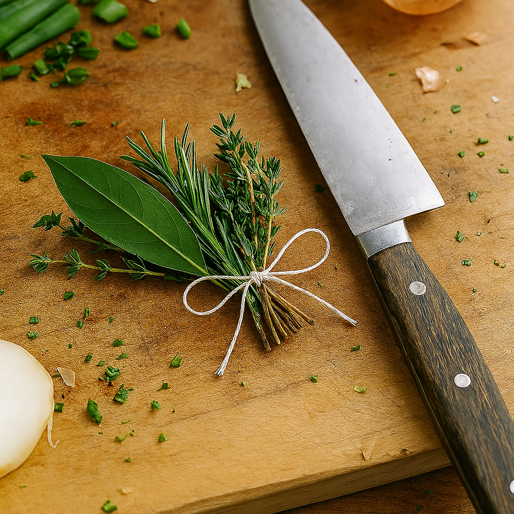 Toepassingsfoto voedselgeschikt vlastouw in gebruik als keukentouw met kruidentuiltje
